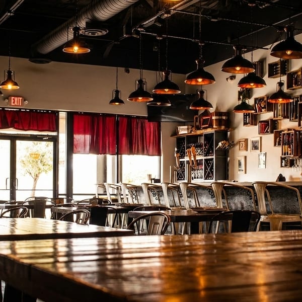 Warmly lit restaurant interior with wooden tables, metal chairs, a bar, and wine bottle decor.