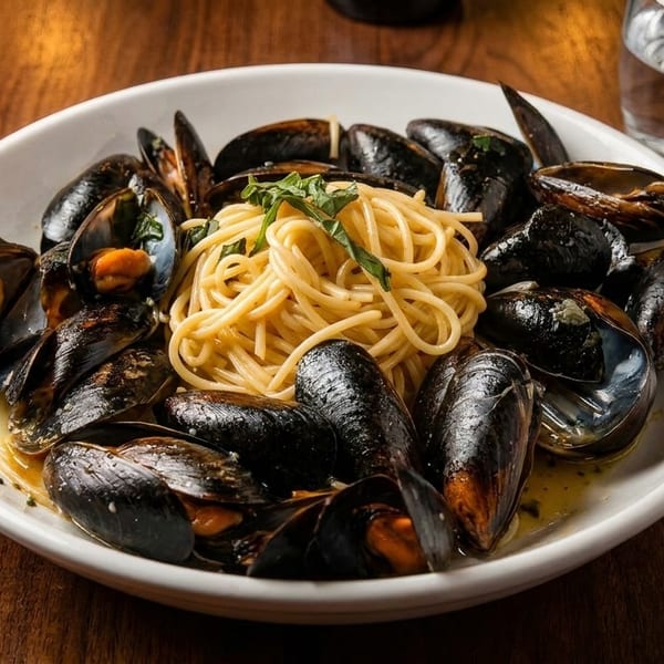 A white bowl of mussels and spaghetti with herbs on a wooden table next to a glass of water.