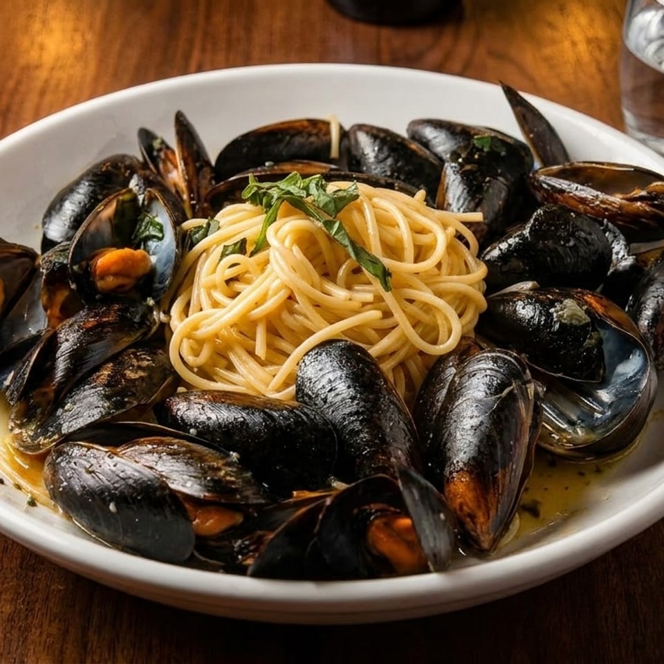 A white bowl of mussels and spaghetti with herbs on a wooden table next to a glass of water.