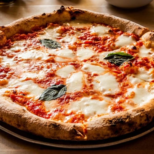 A whole Neapolitan pizza with melted mozzarella, tomato sauce, and fresh basil on a metal tray.