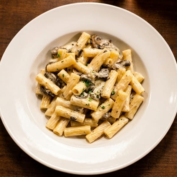 Rigatoni pasta with creamy mushroom sauce and fresh herbs in a white bowl on a wooden table.