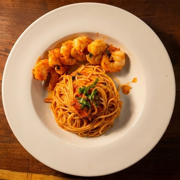 Spaghetti with tomato sauce and basil, served with grilled shrimp on a white plate.